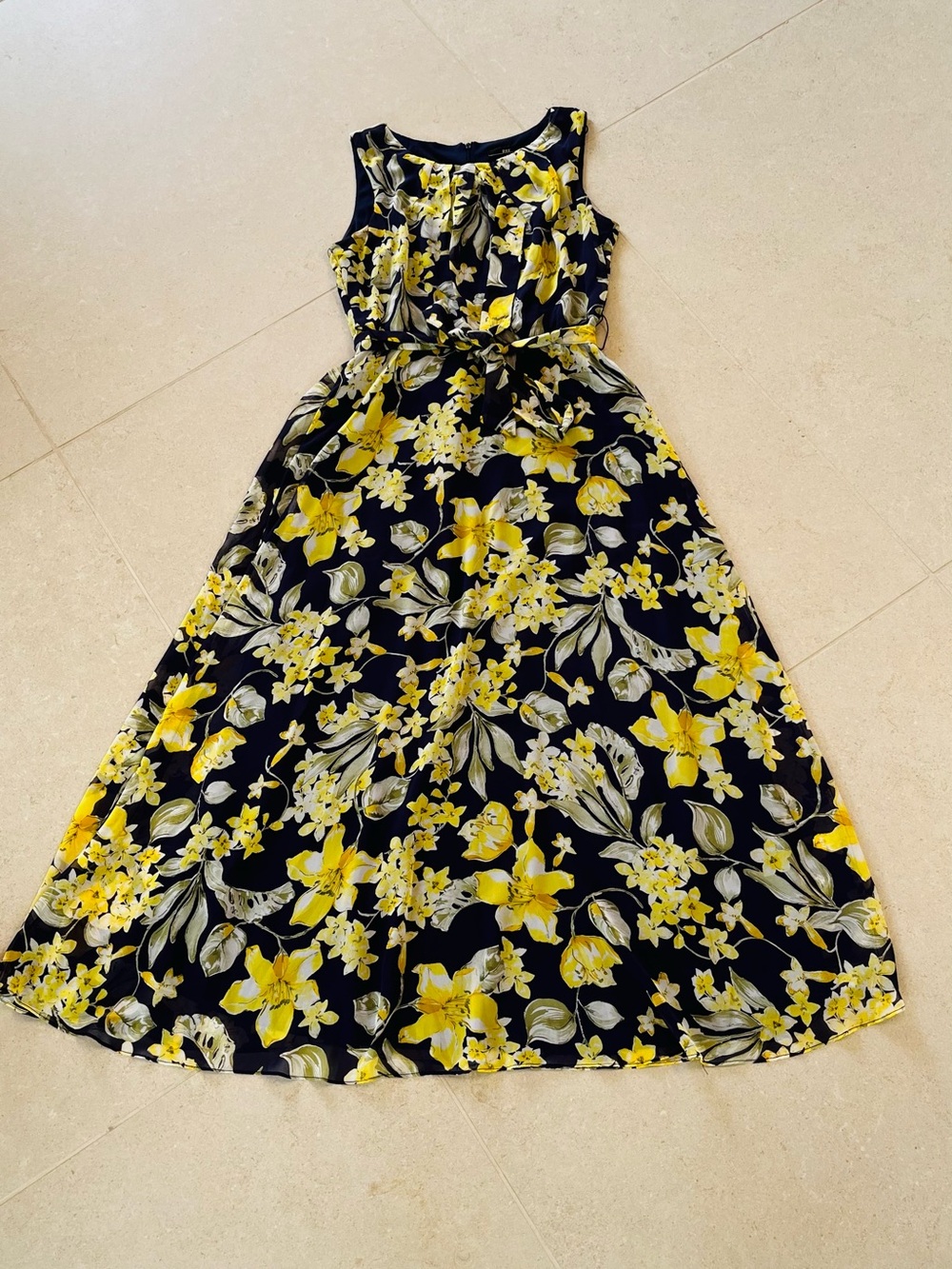 R&K Navy Blue Floral Maxi Dress with Yellow Accentst